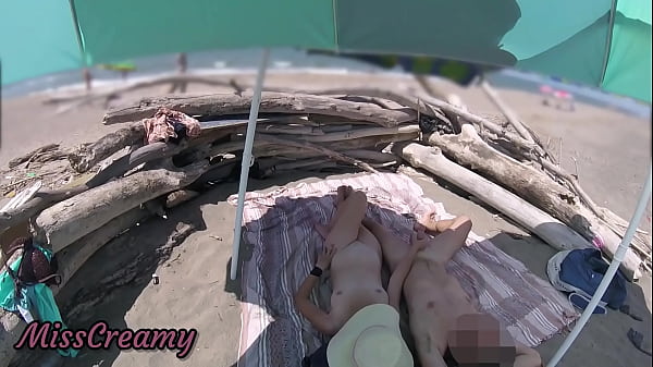 2 exhibitionist wife outdoor amateur milf handjob big cock on nudity beach public in front of voyeur with cumshot misscreamy