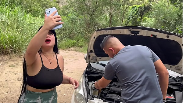 curvy colombian babe gets her car damaged and asks for help from a stranger who convinces her to fuck outdoors and swallow his cum antonella jones