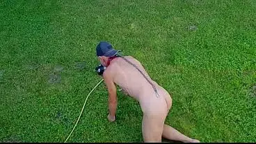 naked pathetic white slave, fag outdoor in penis cage, enema, dildo shows gay ass is clean, bottle stretch my cunt, CMNM
