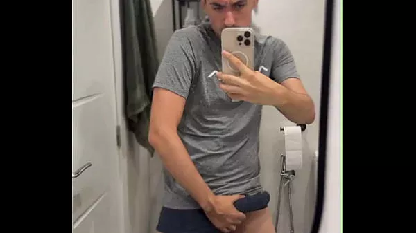 bisex fella showing off big cock and busting a huge load