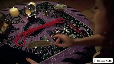 Busty witch summons two shemale and get fucked