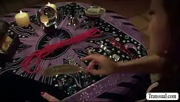 Busty witch summons two shemale and get fucked