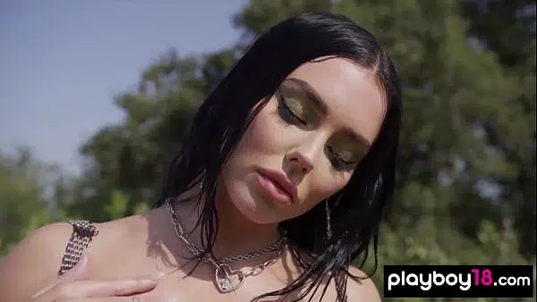 Classy big tits brunette beauty Kaitlynn Anderson relaxing nude by the pool