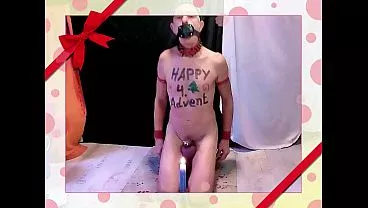 naked pathetic white CHRISTMAS slave with 4 candles in peehole of my uncut gay penis wish a nice 4. advent, CMNM