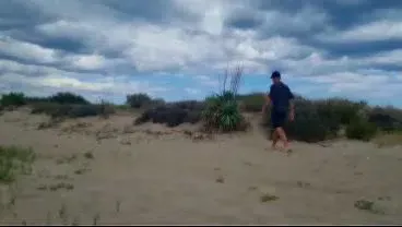naked pathetic white slave, fag in penis cage, striptease and proudly present collar, leash, dildo play at the gay beach, CMNM