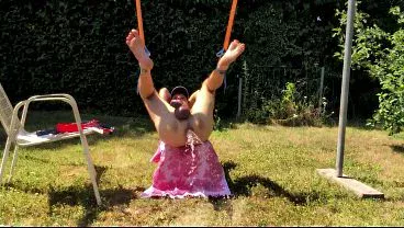 naked pathetic white slave outdoor got enema show with brush gay ass clean ready for use, CMNM