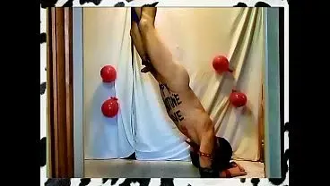 naked pathetic white slave pig, Valentine greetings tied up at his gay testicles swings around upside down, CMNM