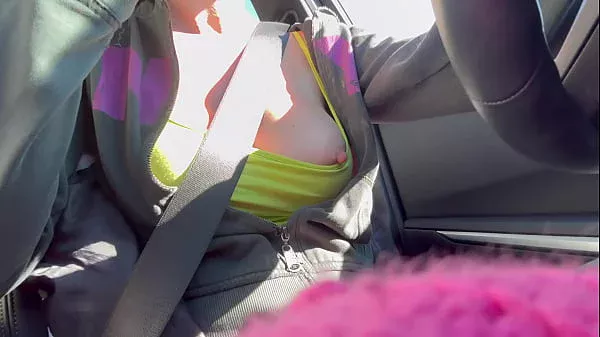 Sexy car ride with horny big tits Artemisia Love showing her juicy tits while driving