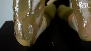 Her sexy long toes dipped in nougat creme (POV foot worship, czech soles, foot POV, long toes soles)