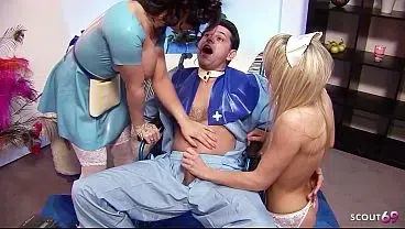 Older Disabled Guy get Help by two Big Tts Nurses to feel better with Fuck at Hard FFM 3Some