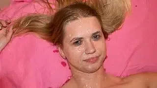 Rough condom blowjob ends in massive facial on small-titted blonde