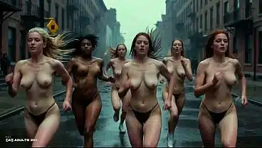 [AI-generated] Future Rave Mud Run in South Bronx – AI Girls Racing Almost Naked with Bouncing Tits Getting Dirty in Rainy Streets